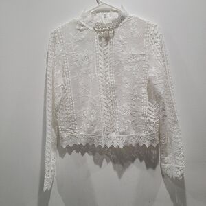 White lace crop long sleeve white shirt Sz M